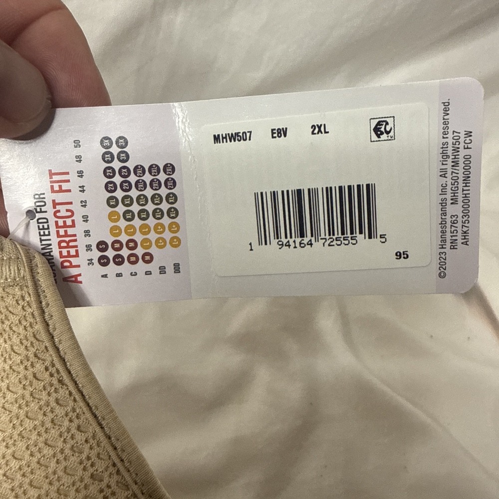 Hanes Bra Stretch Sleek Smooth Cool Perfect Fit 44D+ 2XL MHW507 Padded Wireless - Picture 3 of 7